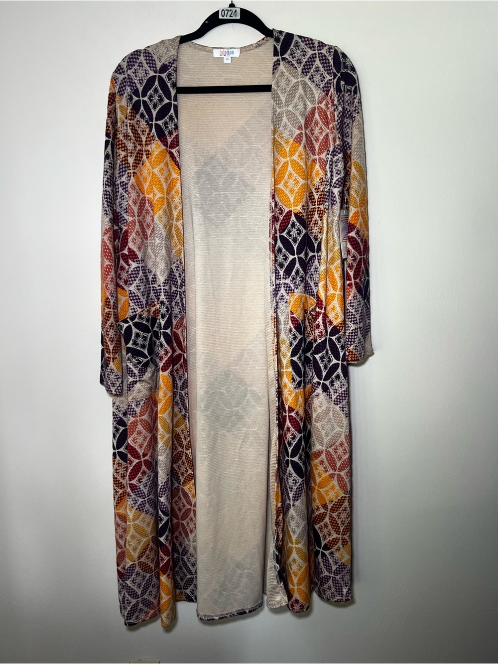 LuLaRoe Sarah Purple, Orange & Yellow Patterned Cardigan